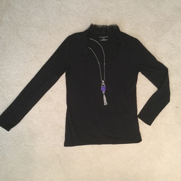 Ann Taylor Long Sleeve Black Top with Tulle Collar - Picture 3 of 3